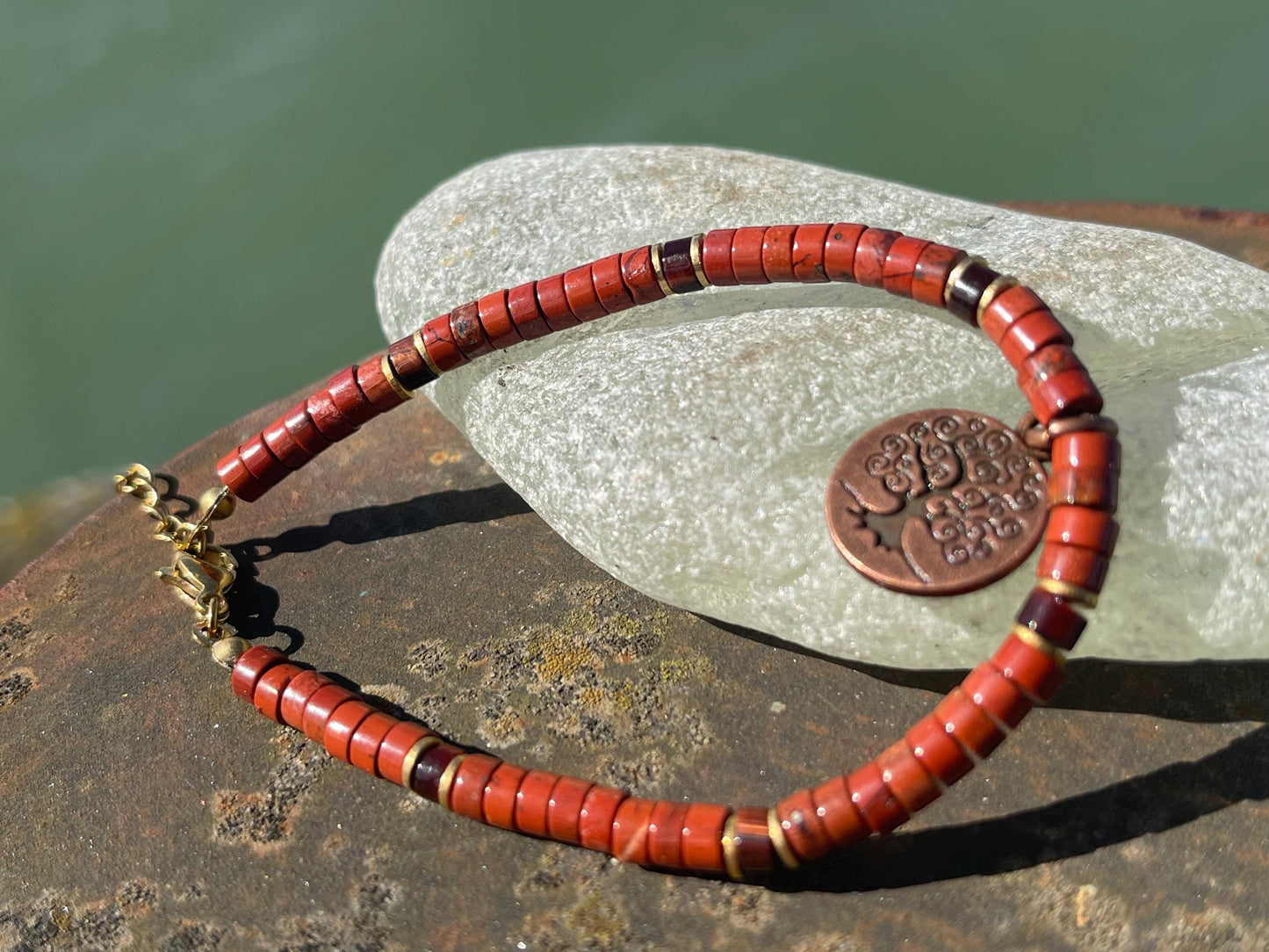 Adjustable gold and red jasper gemstone bracelet, handmade gift for him or her. Ethical jewellery, unique jewellery. Tree of life bracelet.