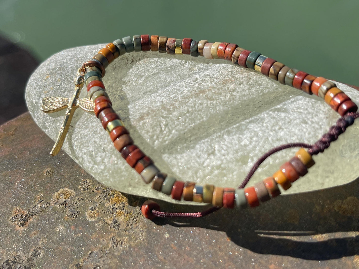 Adjustable Picasso jasper gemstone bracelet, handmade gift for him or her. Ethical jewellery, handmade unique jewellery.
