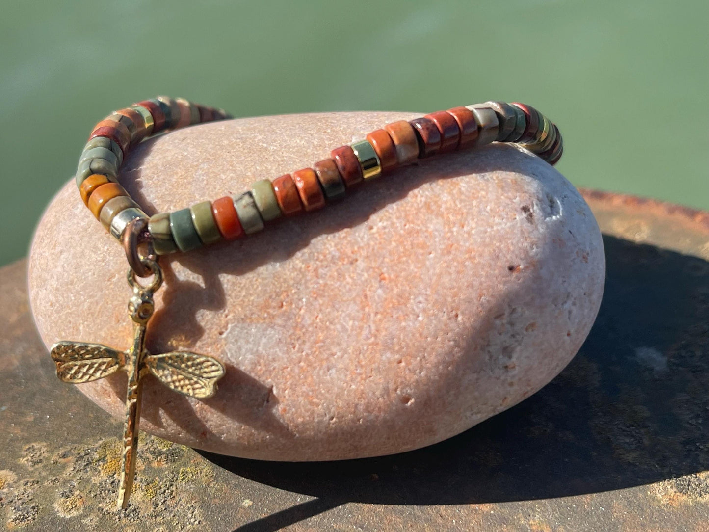 Adjustable Picasso jasper gemstone bracelet, handmade gift for him or her. Ethical jewellery, handmade unique jewellery.