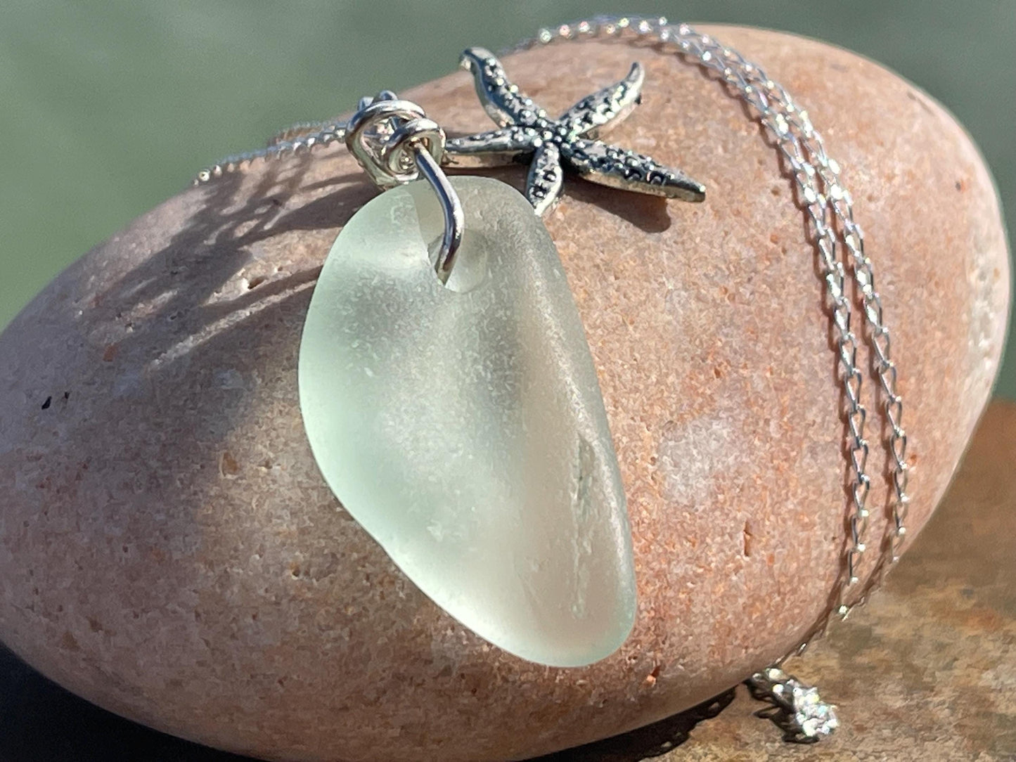 Eco friendly necklace made with sea glass on a recycled sterling silver chain. Ethical jewellery. Handmade eco friendly jewellery.