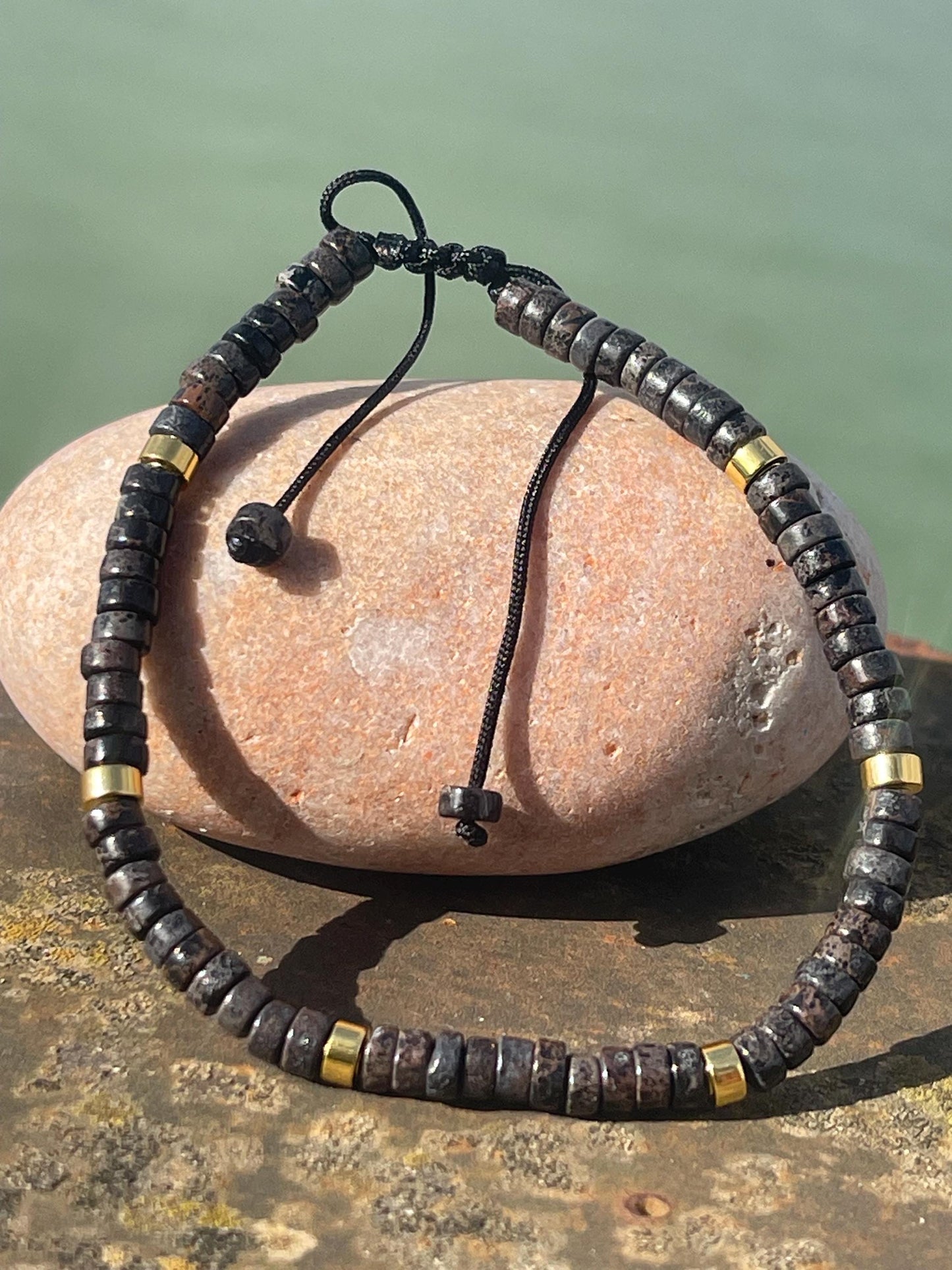 Adjustable black jasper gemstone bracelet, handmade gift for him or her. Ethical jewellery, handmade unique jewellery.