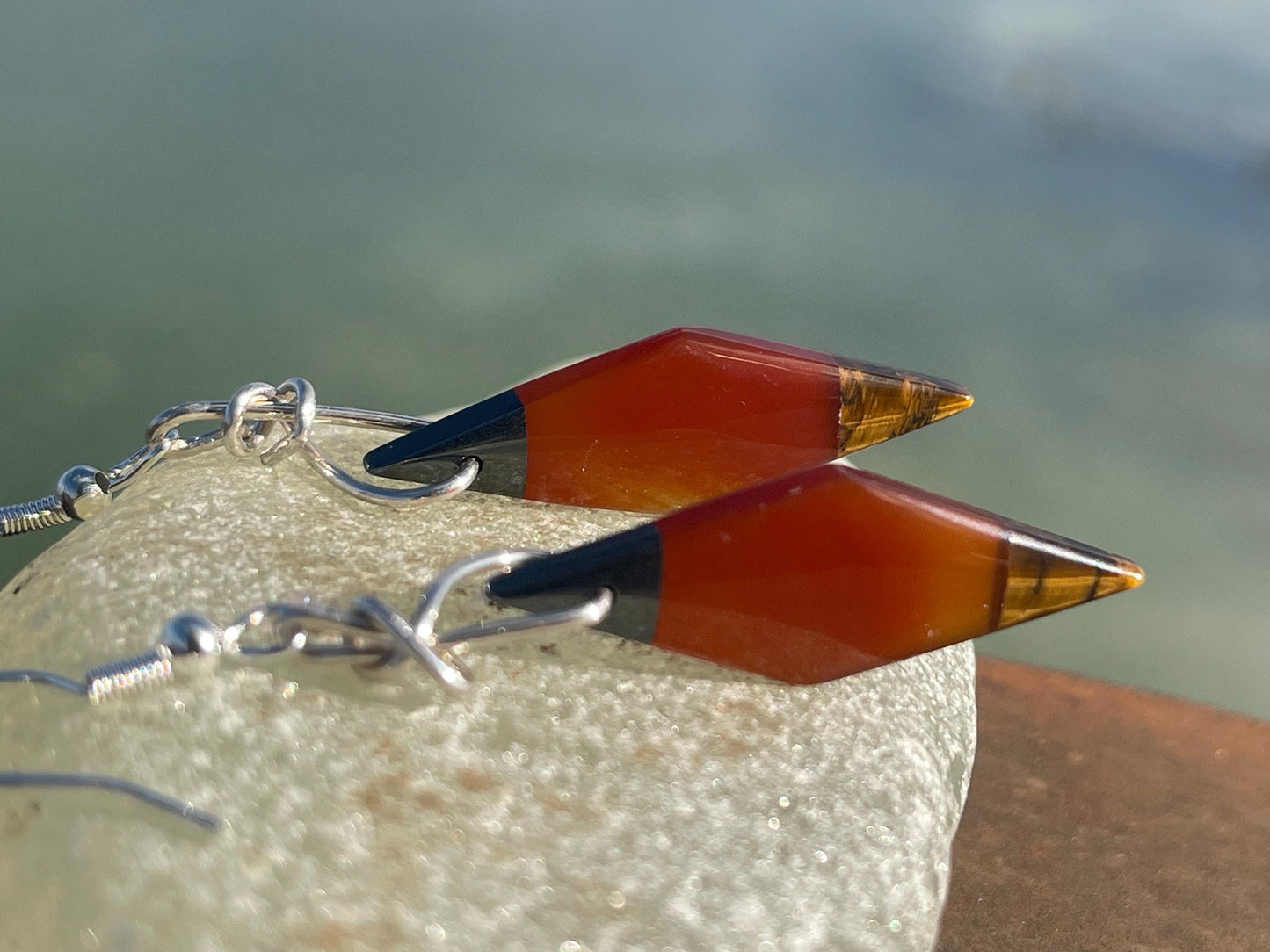 Stunning carnelian and onyx earrings on recycled sterling silver. Ethical jewellery, eco friendly jewellery, boho earrings, unique earrings.