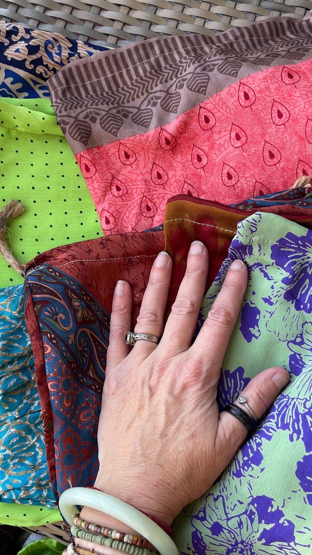 Small & medium recycled sari bags. Eco friendly wrapping option. Recycled bags for gifts. Recycled gift bags. Ethical draw string bags.