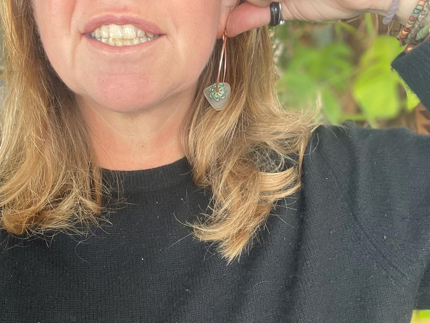Eco friendly glass hoops on recycled copper.. Unique earrings, ethical jewellery, unusual boho jewellery, eco friendly jewellery. Eco gifts.