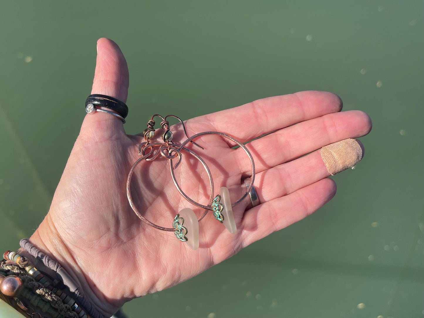 Eco friendly glass hoops on recycled copper.. Unique earrings, ethical jewellery, unusual boho jewellery, eco friendly jewellery. Eco gifts.