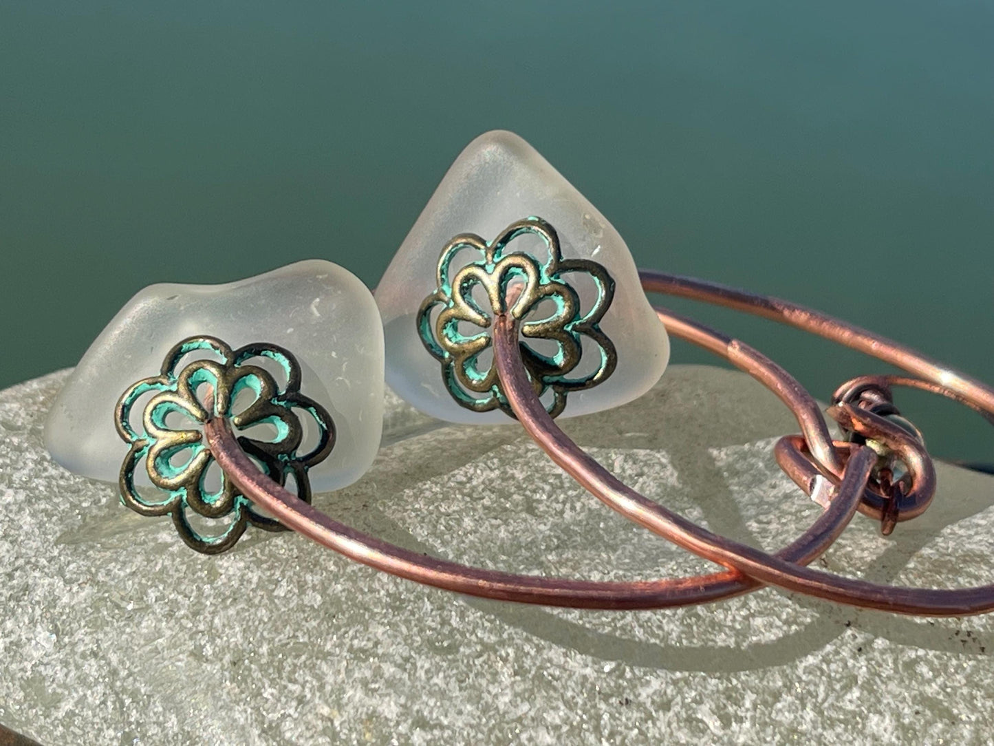 Eco friendly glass hoops on recycled copper.. Unique earrings, ethical jewellery, unusual boho jewellery, eco friendly jewellery. Eco gifts.