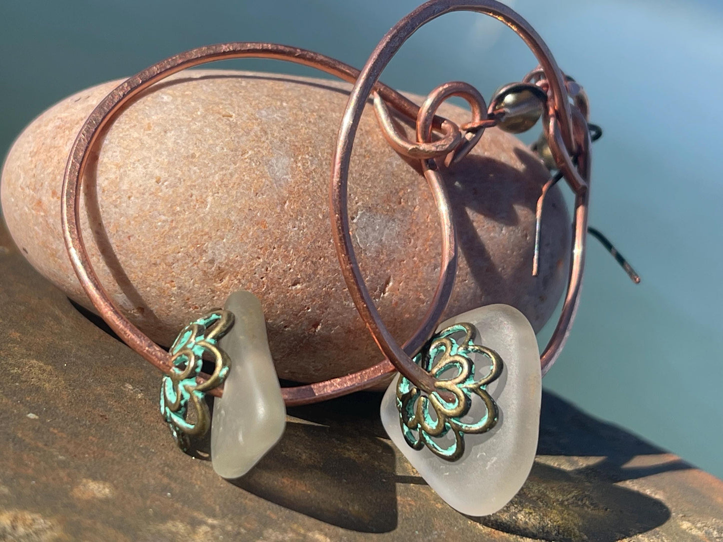 Eco friendly glass hoops on recycled copper.. Unique earrings, ethical jewellery, unusual boho jewellery, eco friendly jewellery. Eco gifts.