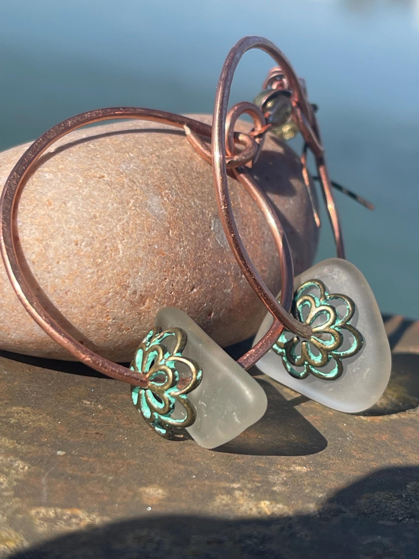 Eco friendly glass hoops on recycled copper.. Unique earrings, ethical jewellery, unusual boho jewellery, eco friendly jewellery. Eco gifts.