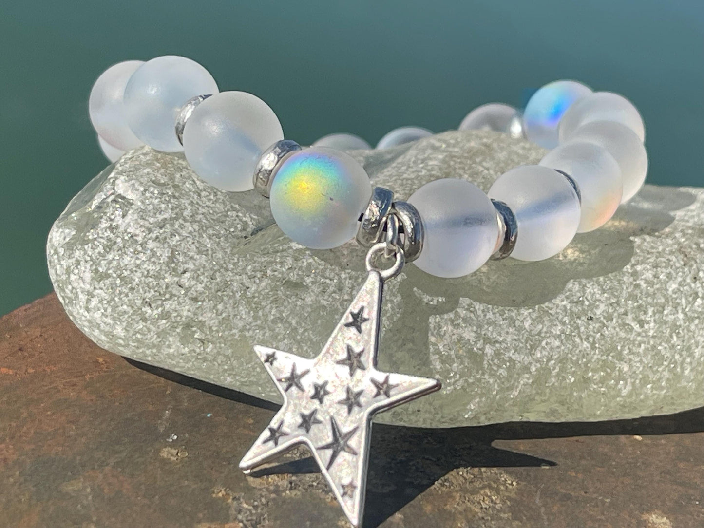 Rainbow bracelet, Christmas bracelet, beaded shimmery bracelet, star bracelet, handmade bracelet, glass bracelet, congratulations gift.