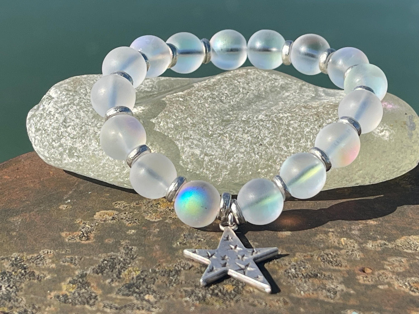 Rainbow bracelet, Christmas bracelet, beaded shimmery bracelet, star bracelet, handmade bracelet, glass bracelet, congratulations gift.