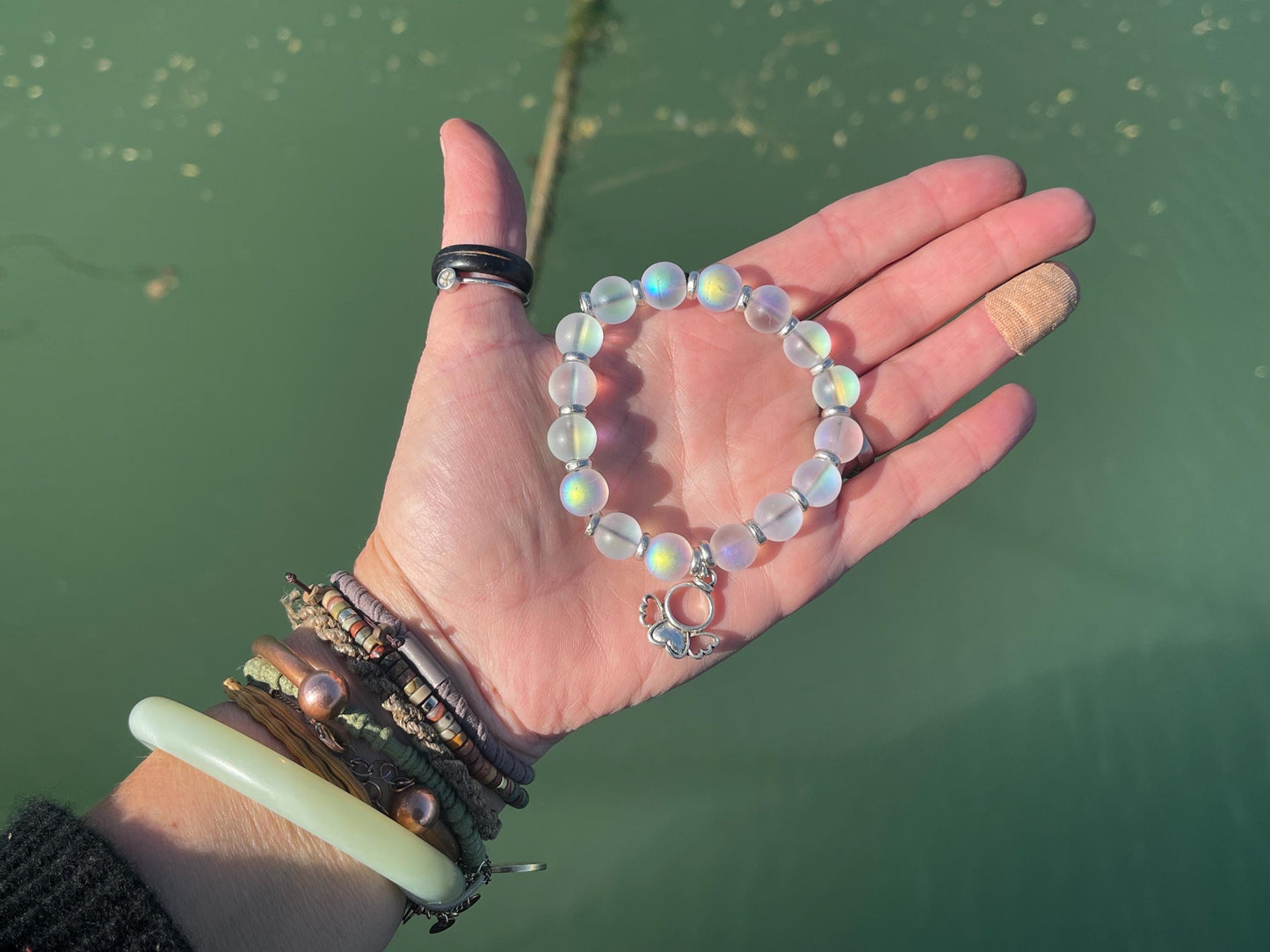 Rainbow bracelet, Christmas bracelet, beaded shimmery bracelet, star bracelet, handmade bracelet, glass bracelet, angel bracelet.