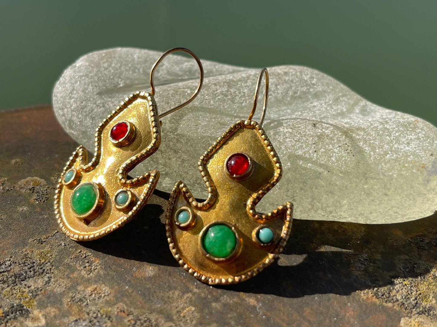 Gypsy jewellery, gold vintage earrings, red jewellery, ethical jewellery, gypsy earrings, romantic gifts, eco friendly jewellery
