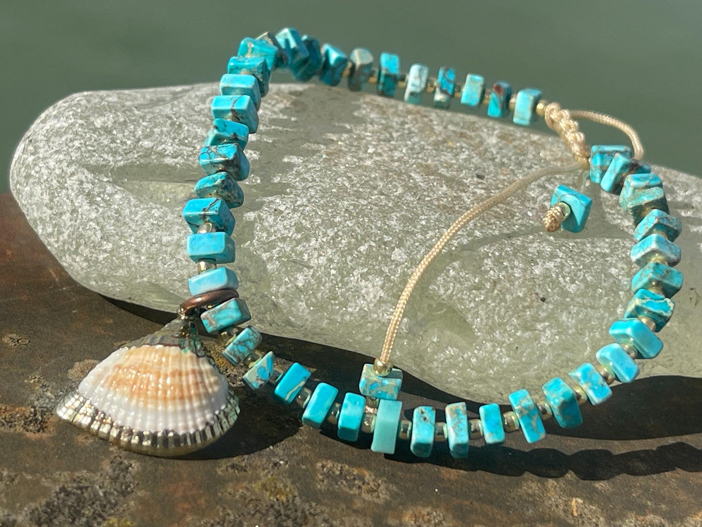 Adjustable blue jasper gemstone bracelet, handmade gift for him or her. Ethical jewellery, handmade unique jewellery. Shell bracelet.