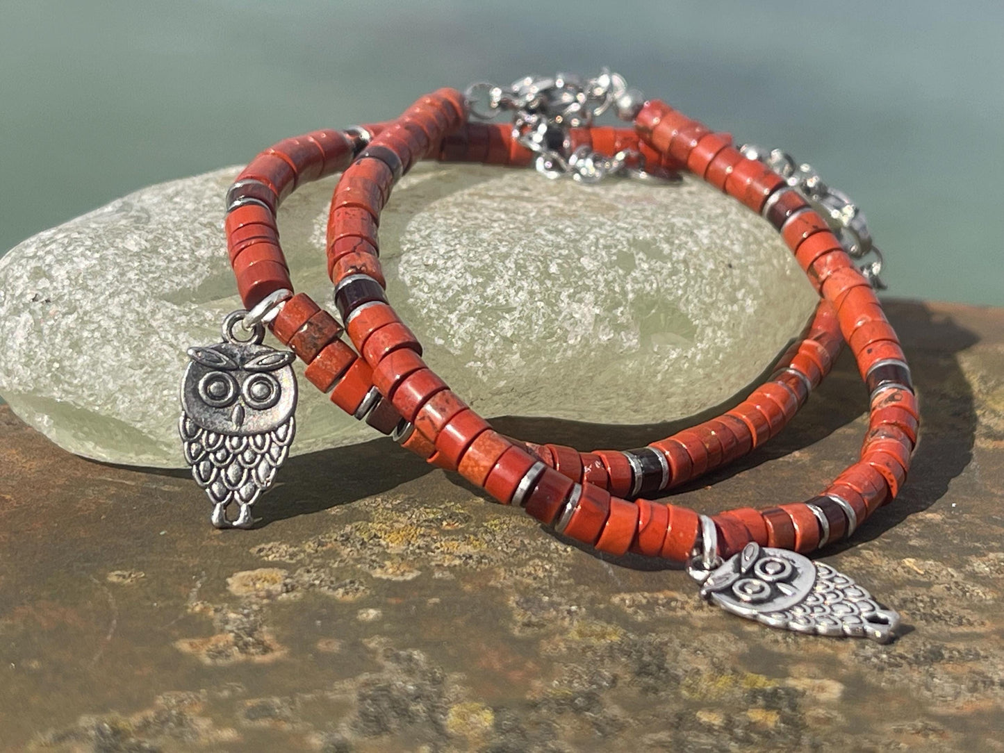 Adjustable red jasper gemstone bracelet, handmade gift for him or her. Ethical jewellery, unique jewellery. Owl bracelet. Owl jewellery.