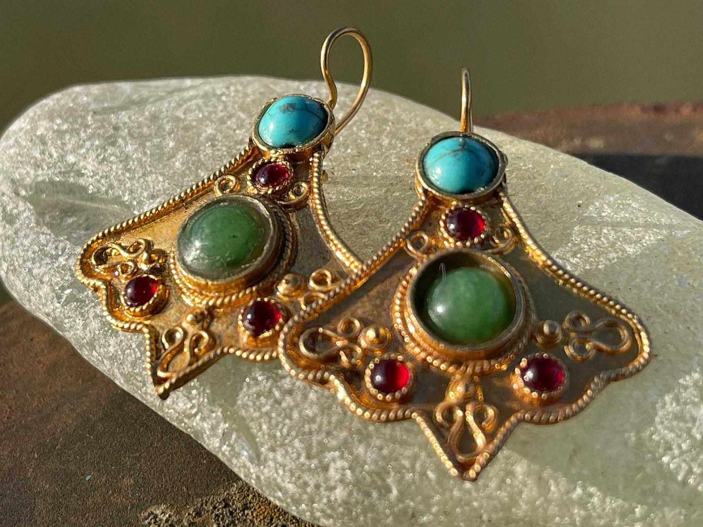 Gypsy jewellery, gold vintage earrings, red jewellery, ethical jewellery, gypsy earrings, romantic gifts, eco friendly jewellery