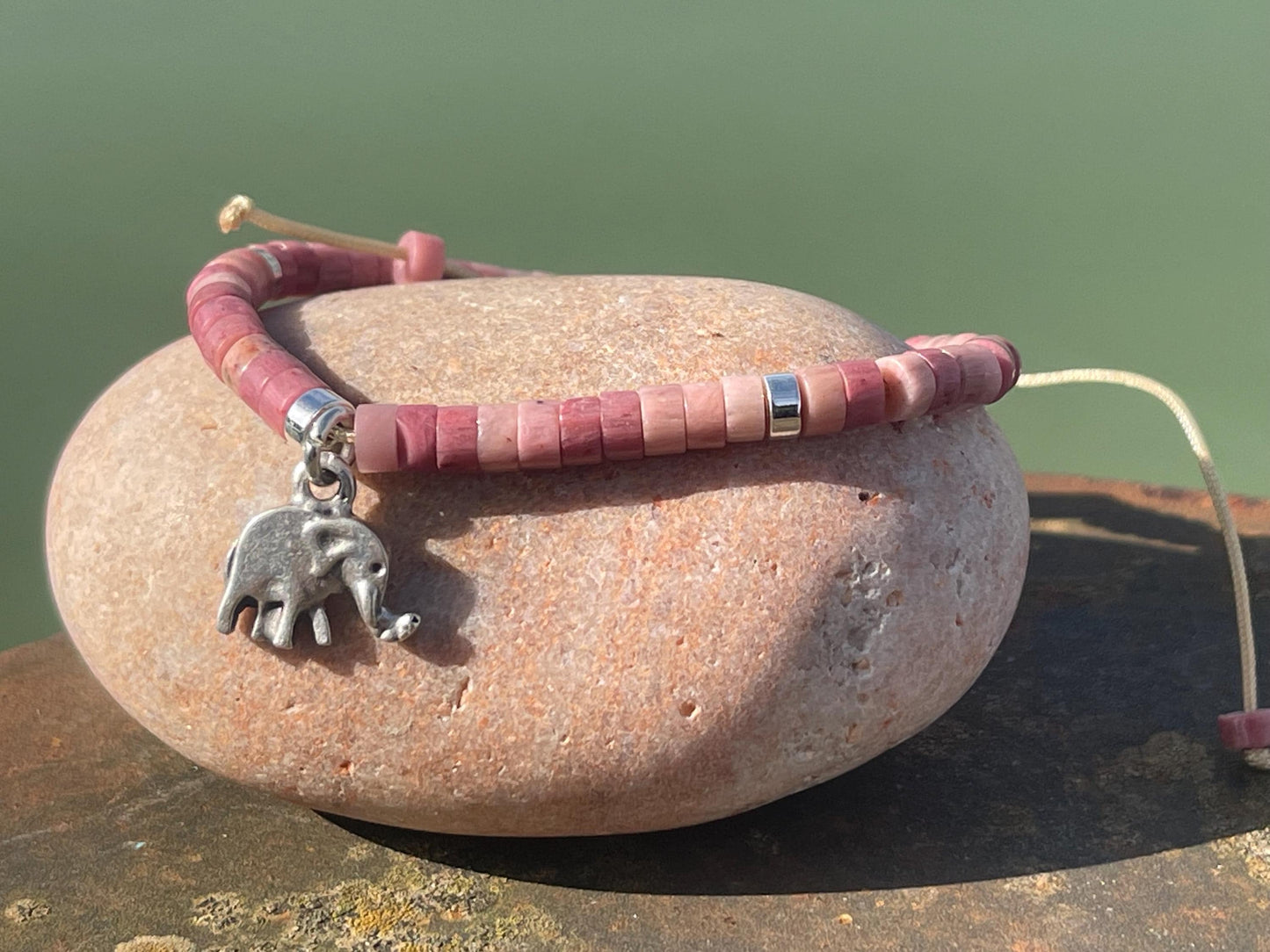 Adjustable rhodonite pink gemstone bracelet, handmade gift for him or her. Ethical jewellery, unique jewellery. Elephant bracelet.