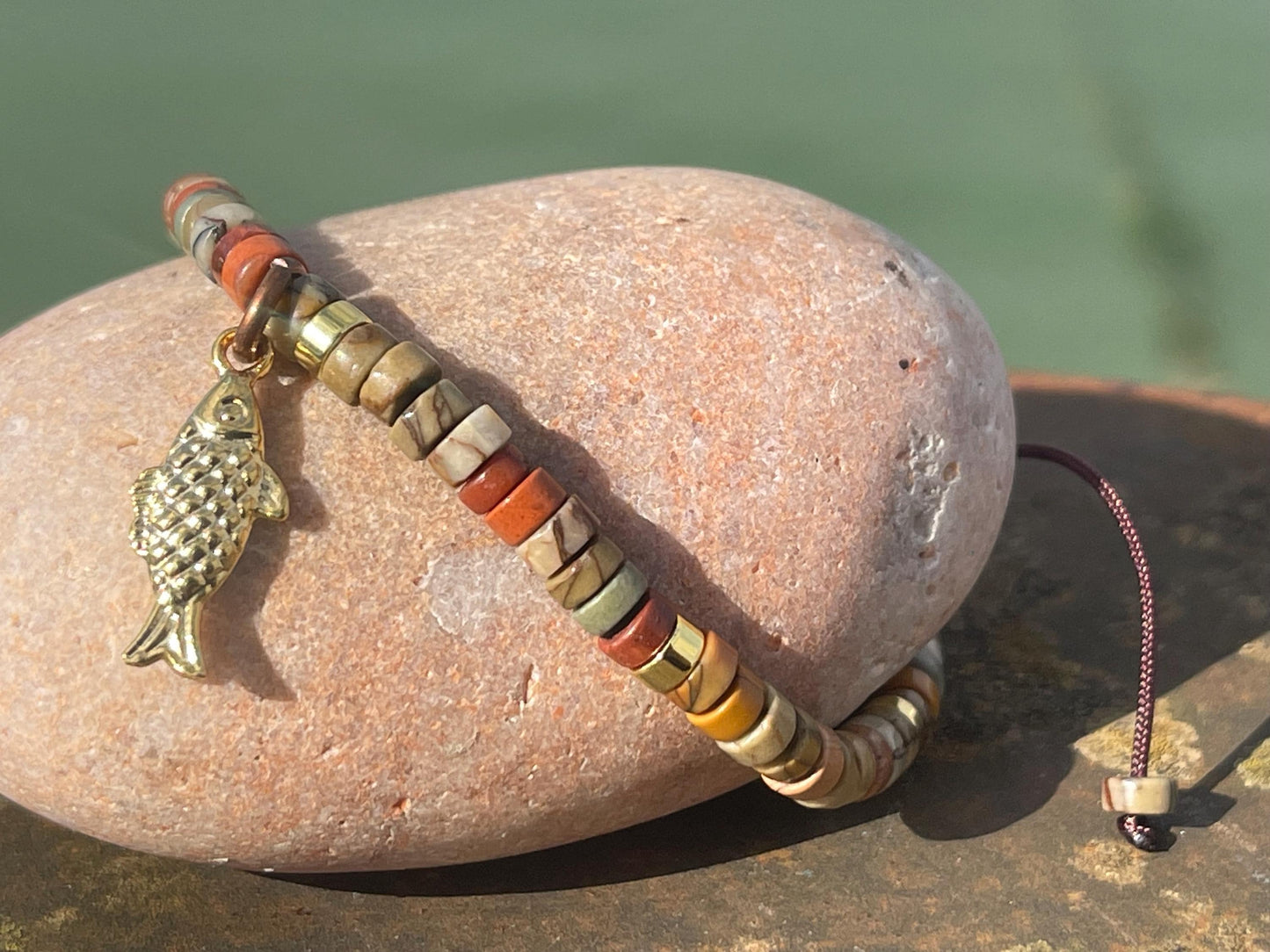 Adjustable Picasso jasper gemstone bracelet, handmade gift for him or her. Ethical jewellery, handmade unique jewellery.