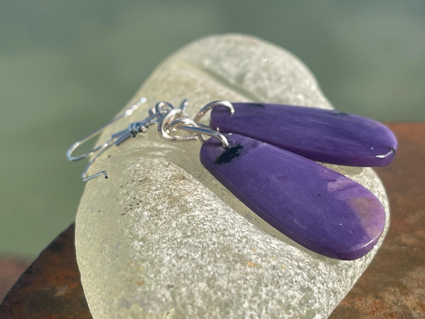 Charoite earrings on recycled sterling silver. Charoite jewellery, gift for her, unusual necklace, purple gemstone, unique jewellery