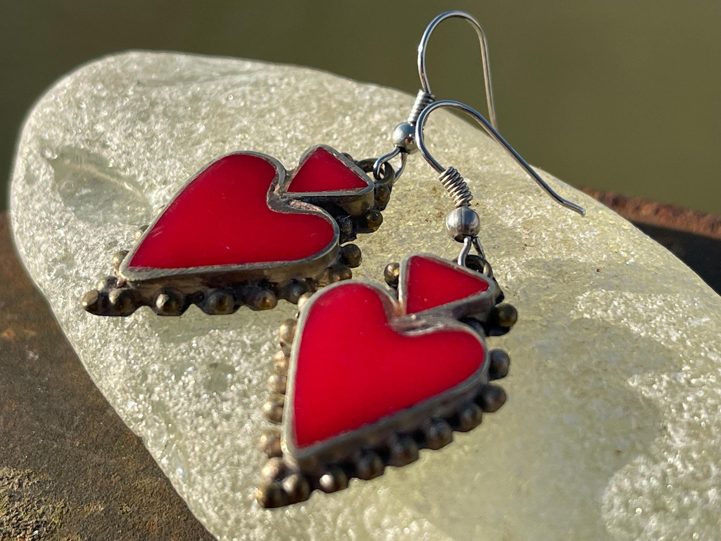 Vintage red heart earrings, heart jewellery, ethical jewellery, gypsy earrings, romantic gifts, eco friendly jewellery. Red hearts.