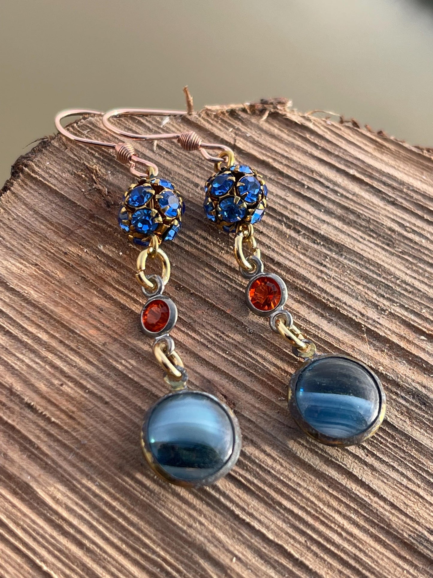 Beautiful blue & red vintage earrings. Eco friendly jewellery made from stunning vintage beading. Eco friendly earrings. Ethical jewellery.
