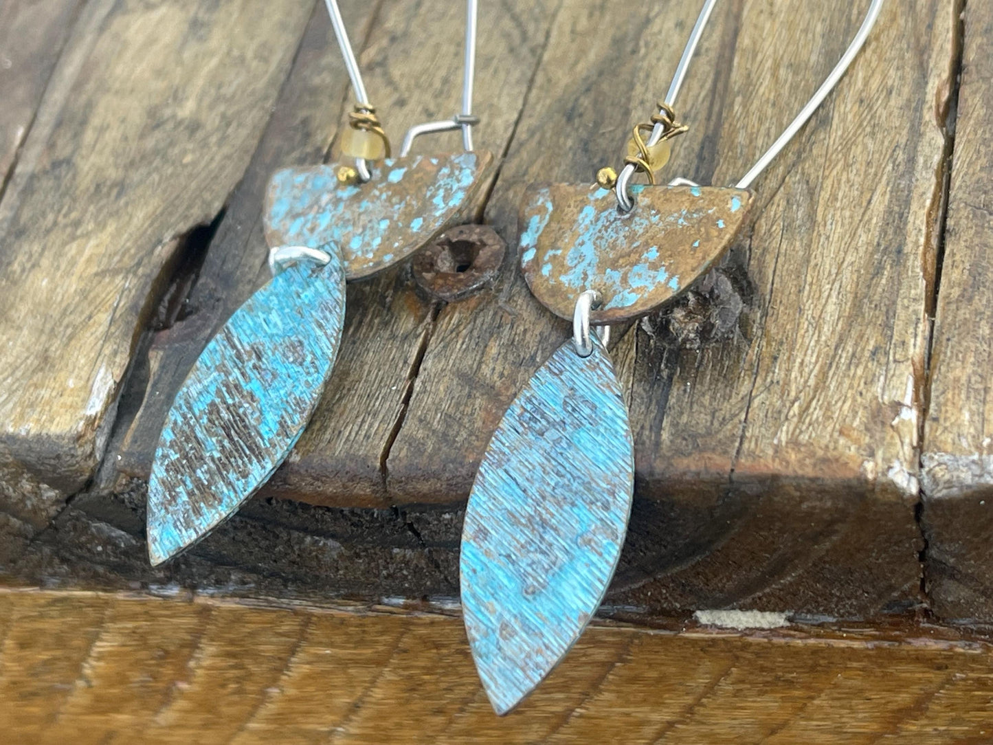 Handmade patina earrings. Rustic earrings, unusual earrings, unusual gift for her, blue earrings, boho earrings, leaf jewellery, hippy gift