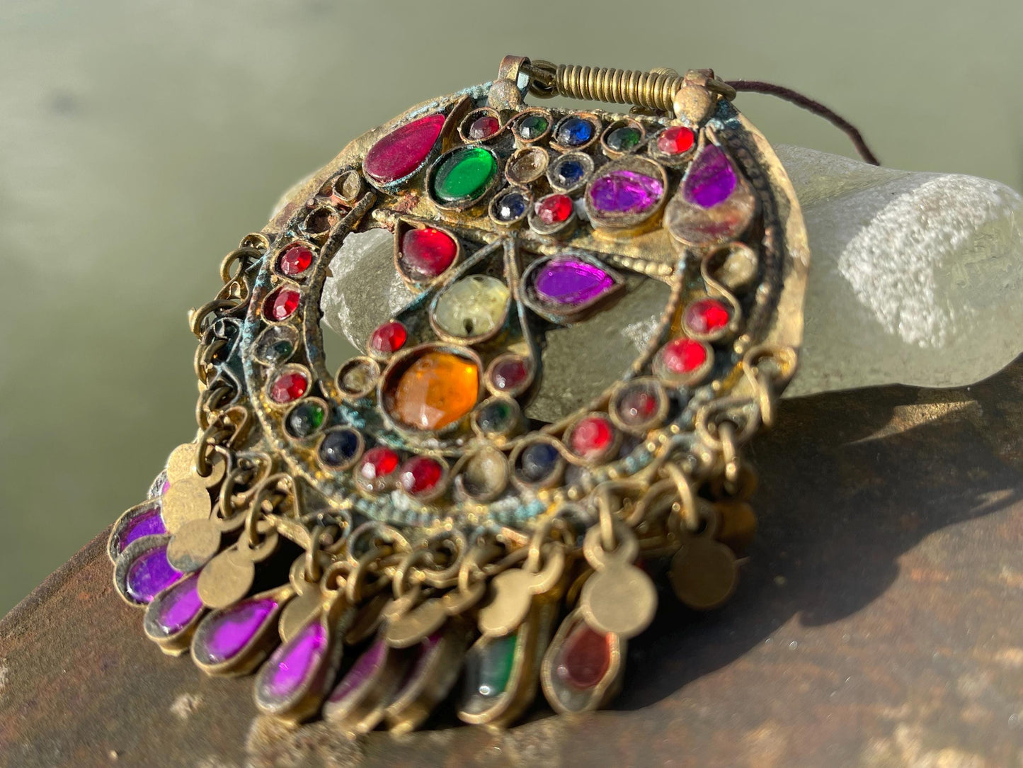 Vintage enamel and brass necklace, tribal jewellery. Unusual vintage pendants. Vintage jewellery. Unique necklaces. Unusual heart necklace