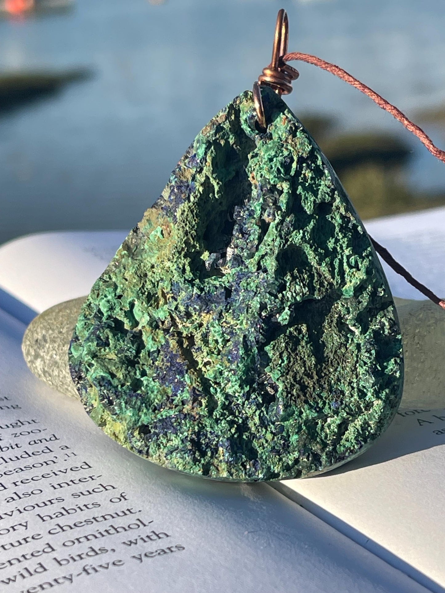 Very large azurite malachite necklace wrapped in recycled copper. Ethical jewellery, large gemstone jewellery, unusual necklaces.