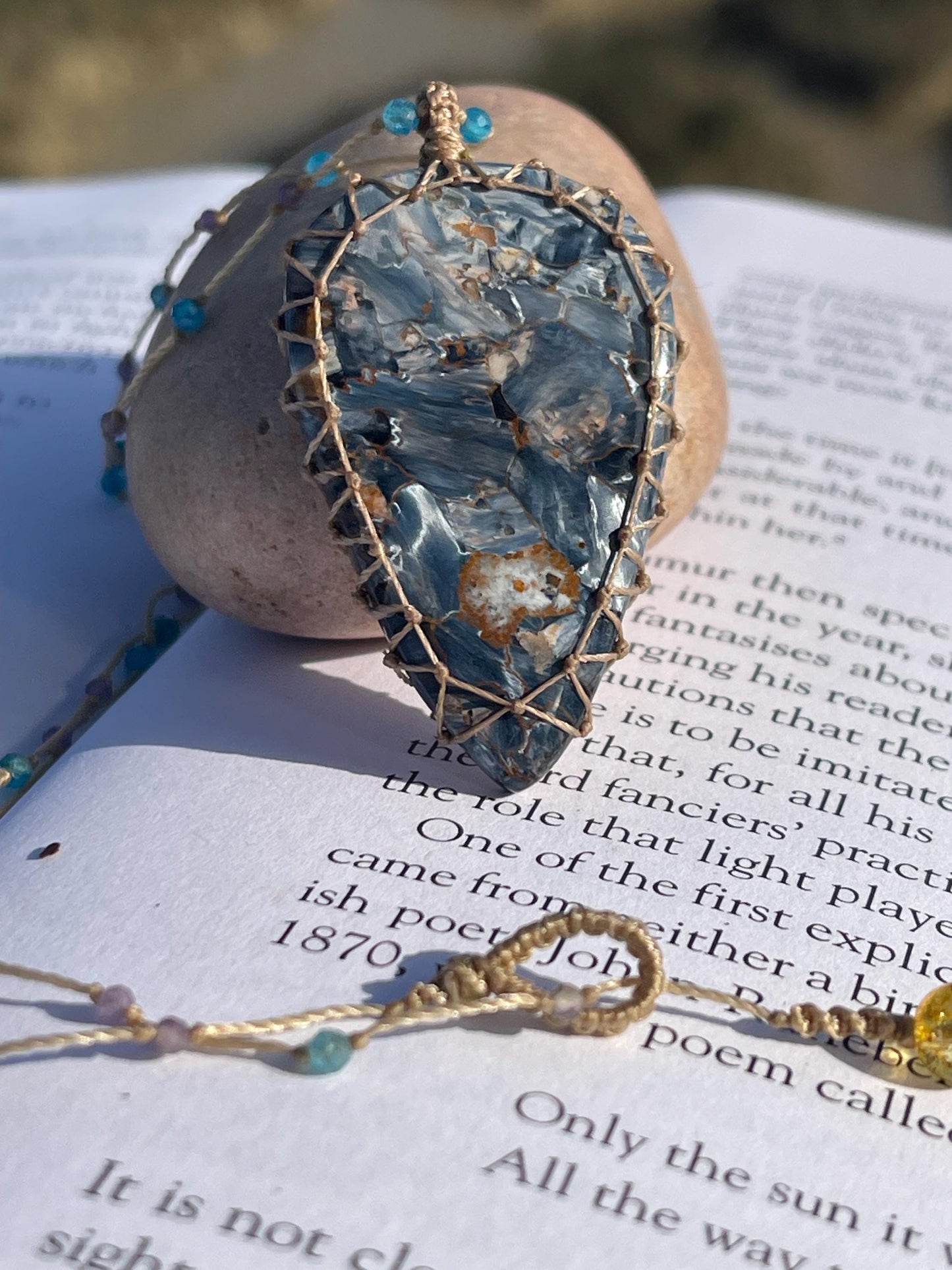 Stunning pietersite gemstone necklace, citrine pendant. Handmade gemstone necklace, boho jewellery. Macrame jewellery. Unique necklace.