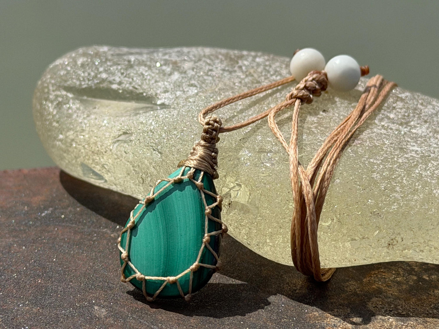 Stunning macrame malachite necklace on an adjustable cord. Handmade gemstone necklace, boho jewellery. Malachite jewellery. Unique necklace.
