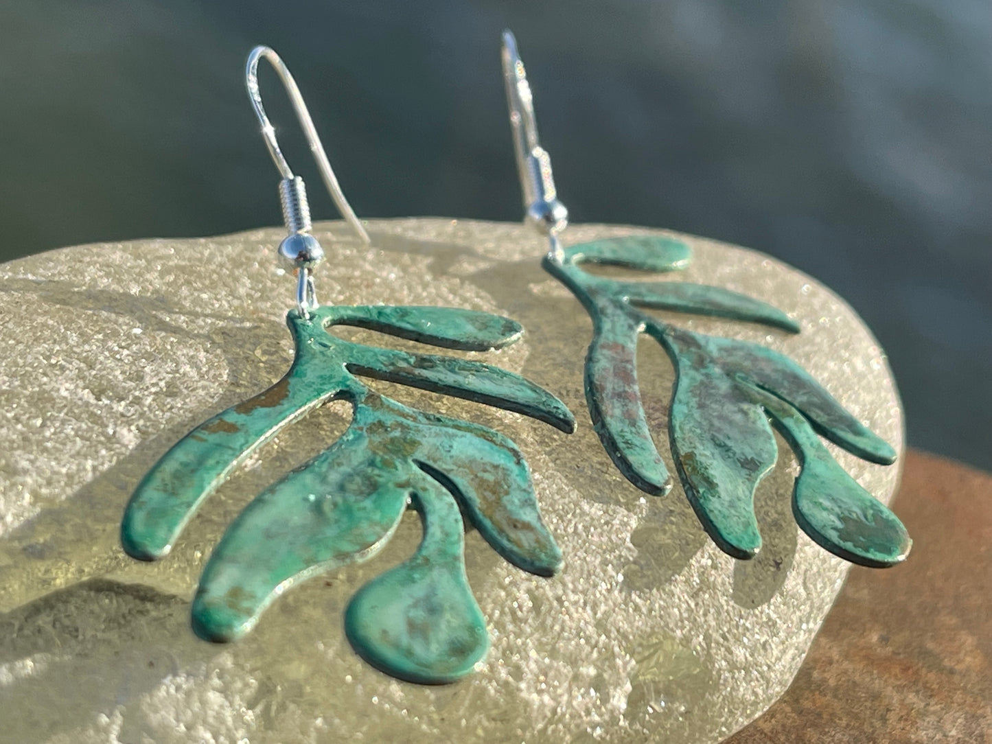Handmade leaf earrings. Rustic earrings, unusual earrings, unusual gift for her, blue earrings, boho earrings, large statement earrings.