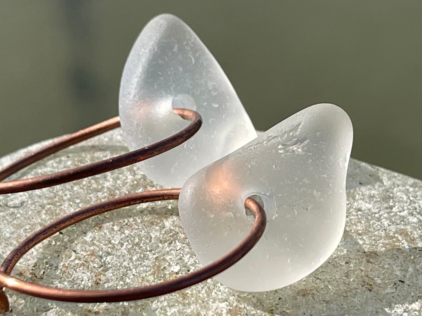 Eco friendly white sea glass and recycled copper earrings. Unique earrings, ethical jewellery, unusual boho jewellery, sea glass jewellery.
