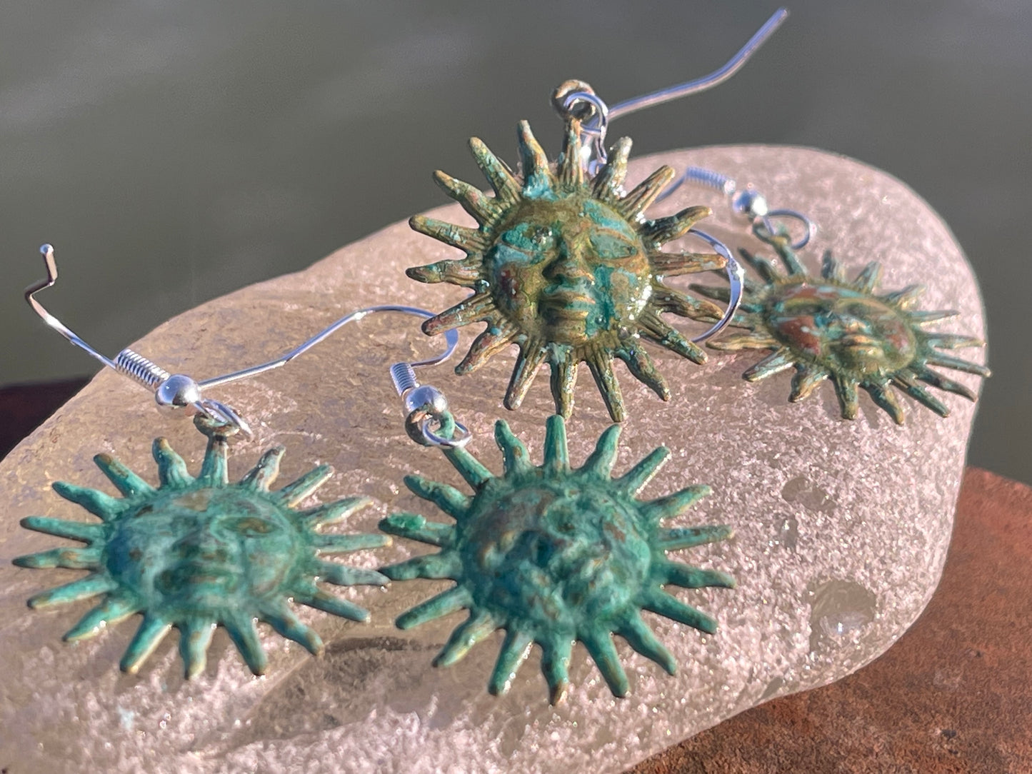 Handmade Sun earrings. Rustic earrings, unusual earrings, unusual gift for her, blue earrings, boho earrings, hippy gift. Beach earring