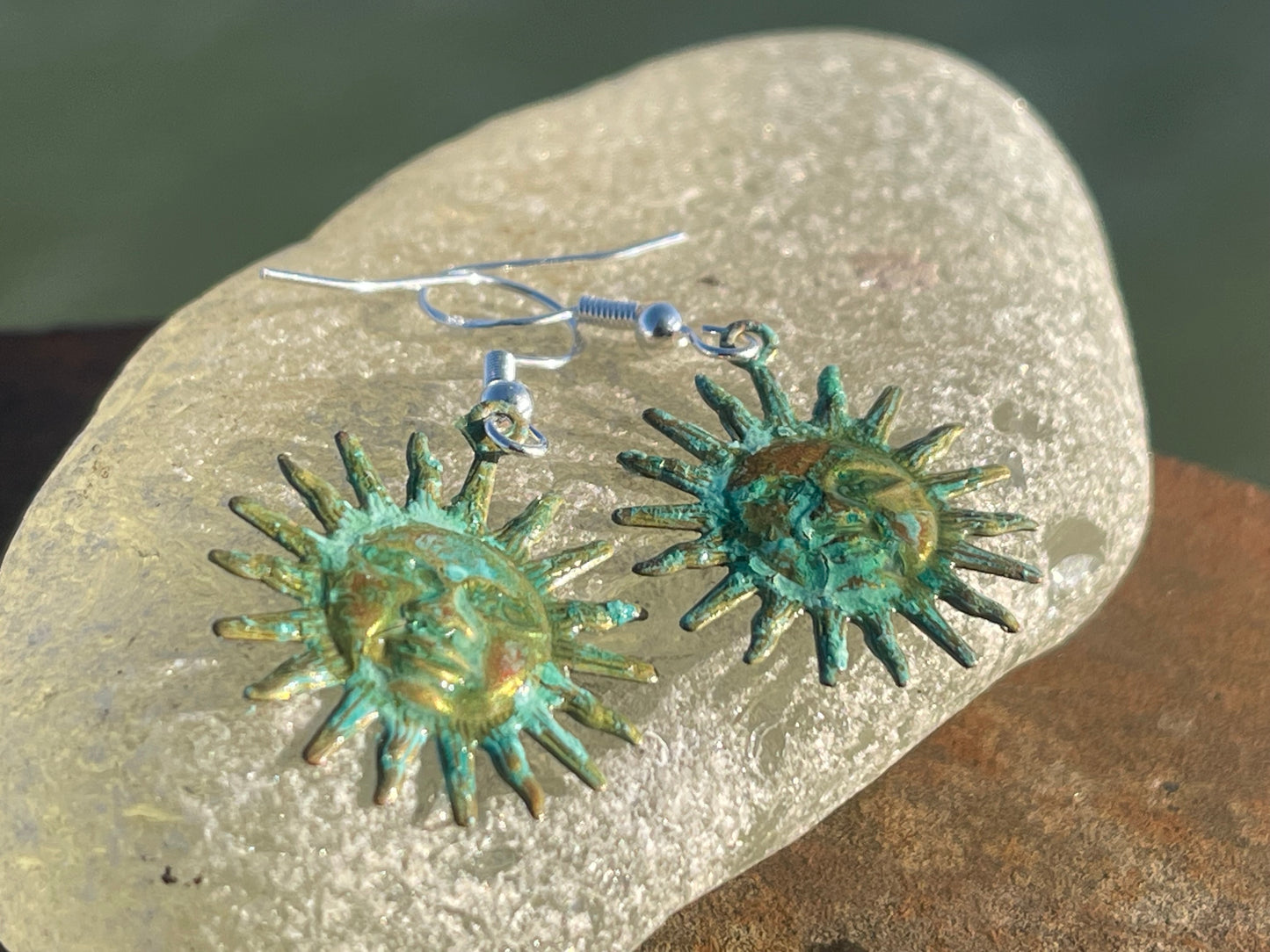 Handmade Sun earrings. Rustic earrings, unusual earrings, unusual gift for her, blue earrings, boho earrings, hippy gift. Beach earring