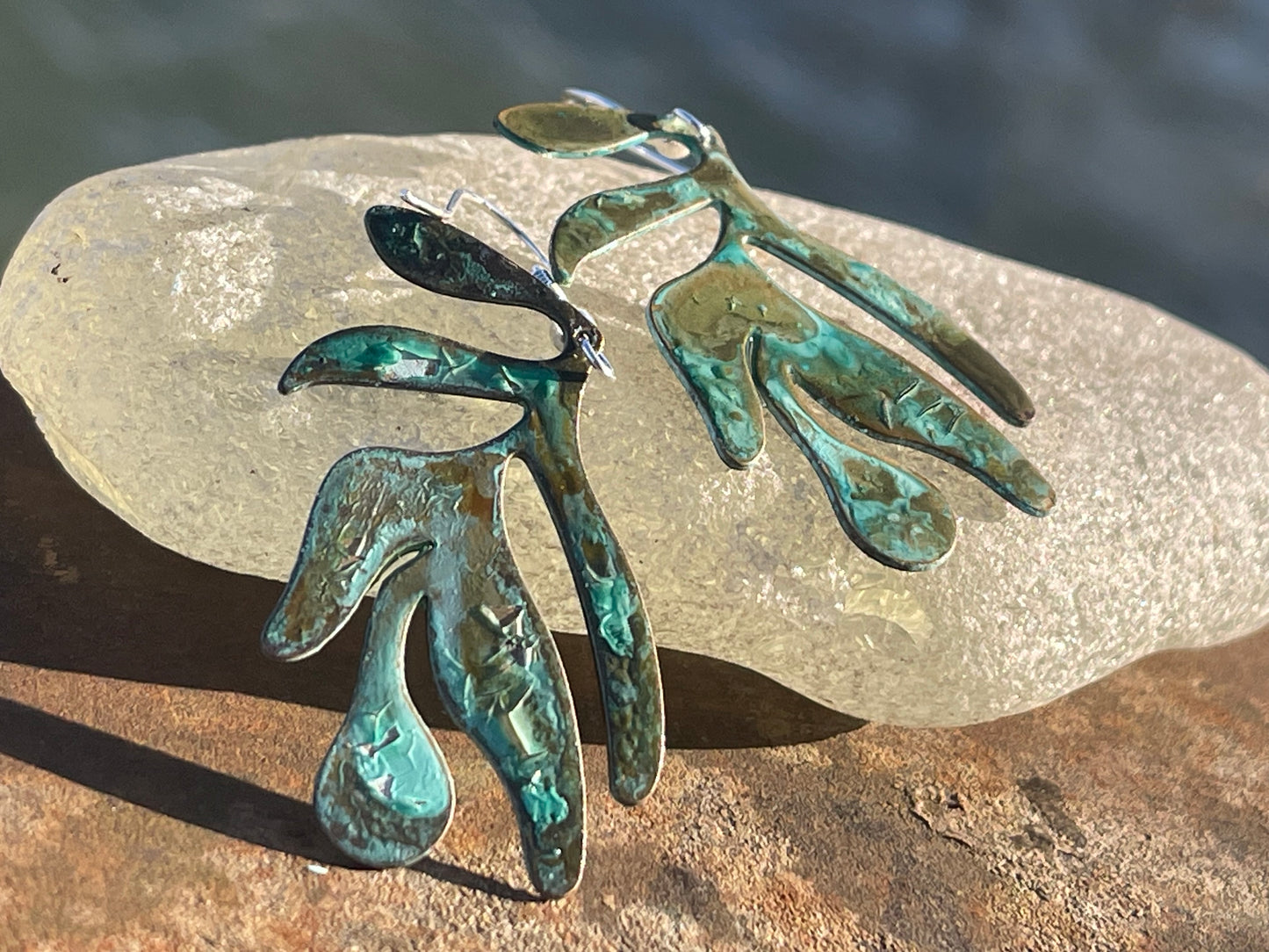 Handmade leaf earrings. Rustic earrings, unusual earrings, unusual gift for her, blue earrings, boho earrings, large statement earrings.