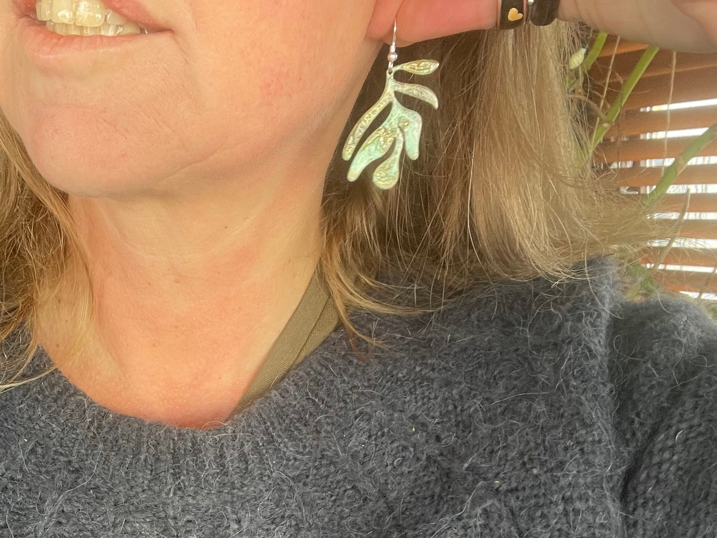 Handmade leaf earrings. Rustic earrings, unusual earrings, unusual gift for her, blue earrings, boho earrings, large statement earrings.