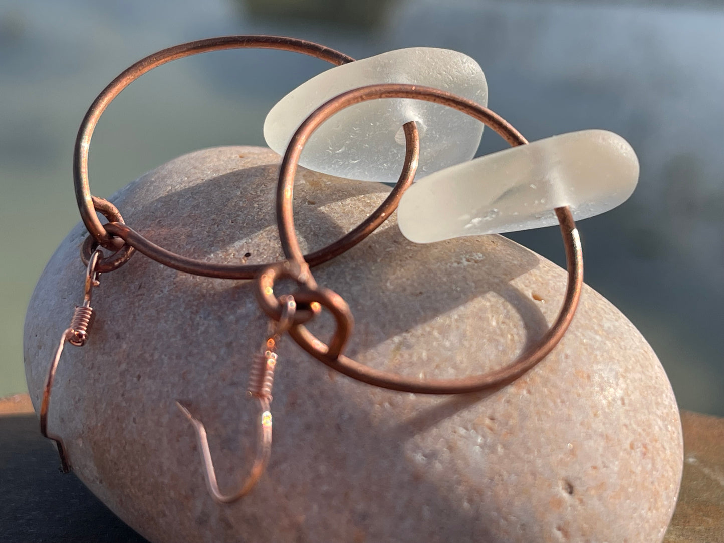 Eco friendly white sea glass and recycled copper earrings. Unique earrings, ethical jewellery, unusual boho jewellery, sea glass jewellery.