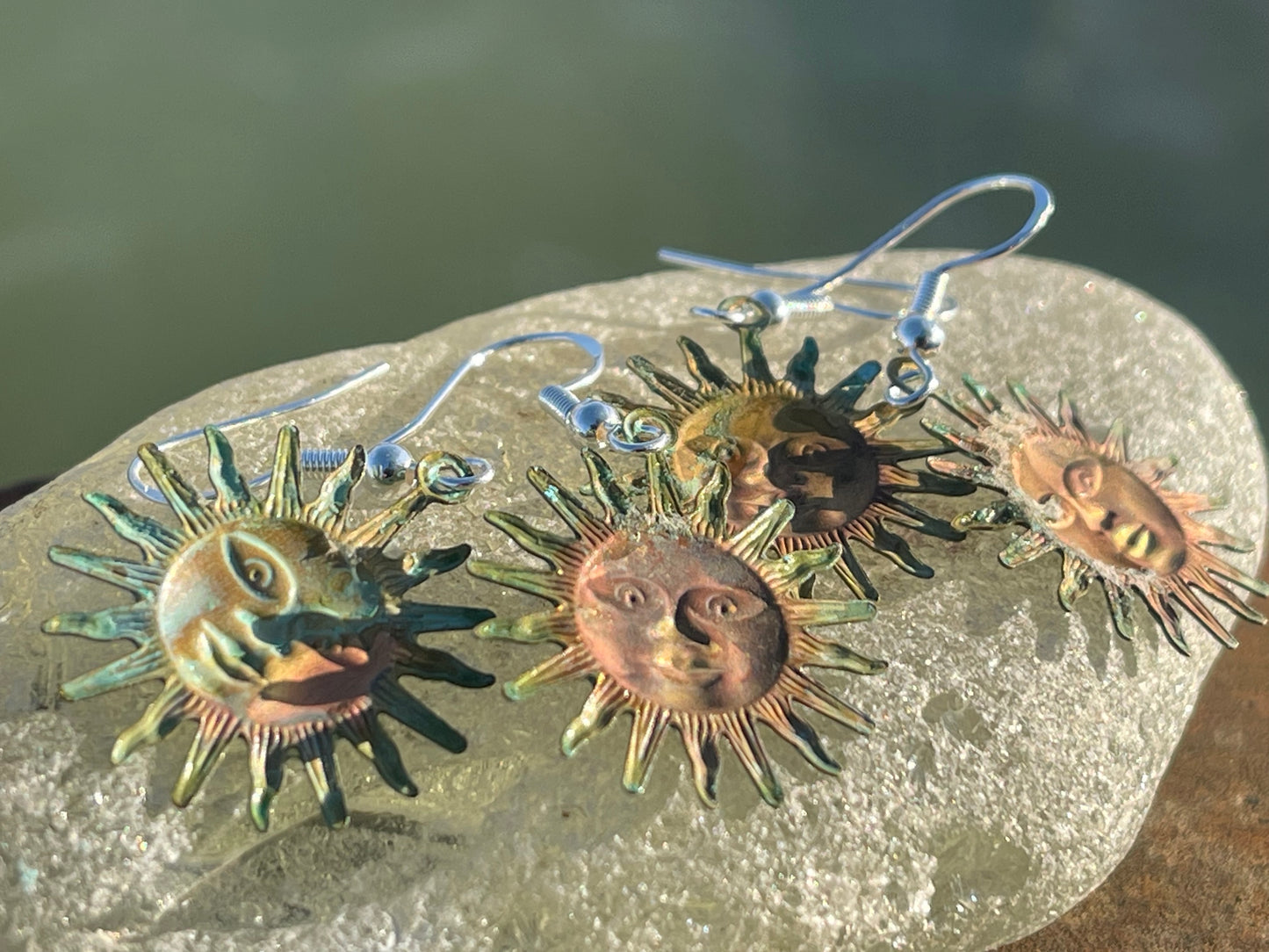 Handmade Sun earrings. Rustic earrings, unusual earrings, unusual gift for her, blue earrings, boho earrings, hippy gift. Beach earring
