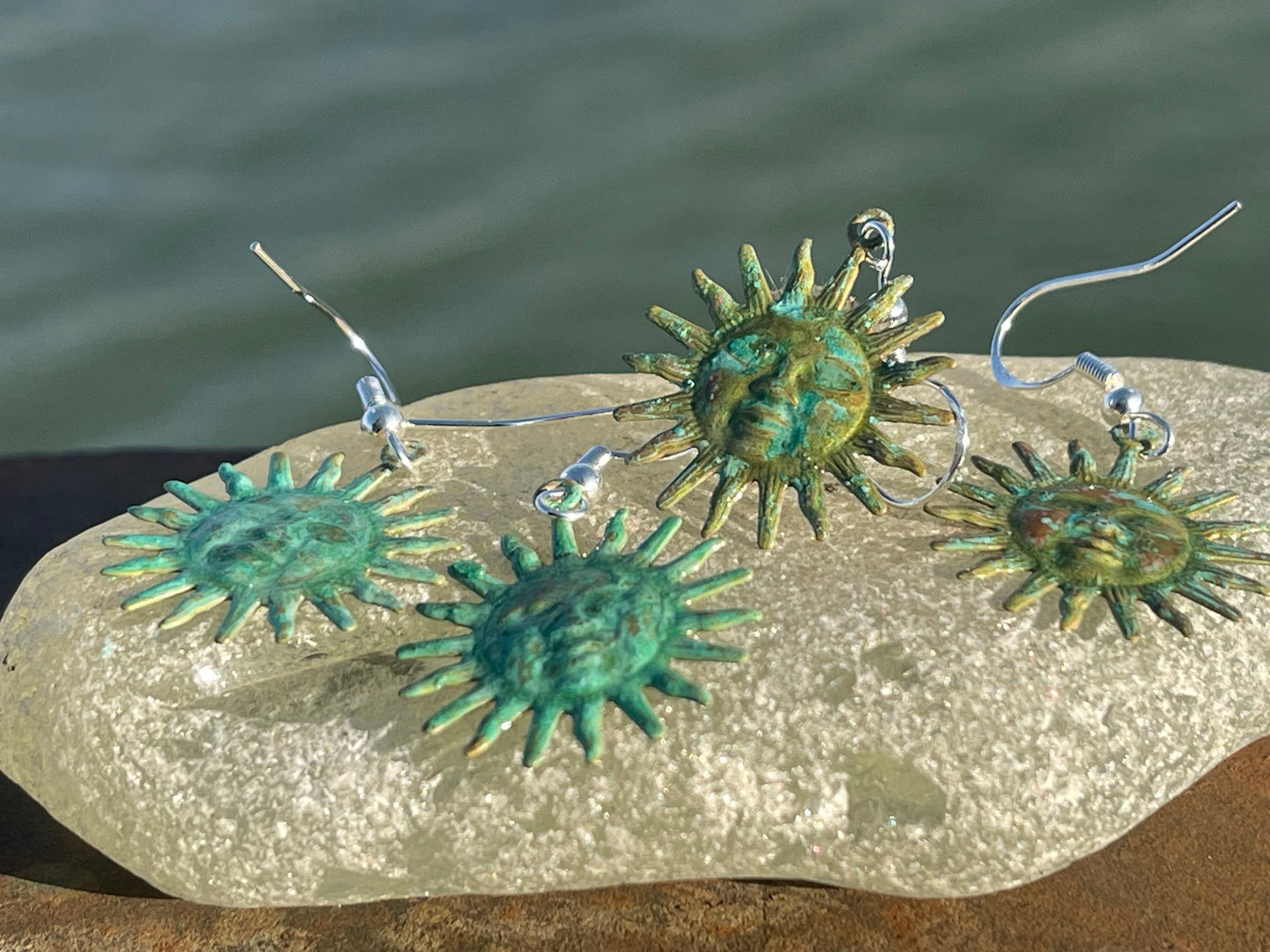 Handmade Sun earrings. Rustic earrings, unusual earrings, unusual gift for her, blue earrings, boho earrings, hippy gift. Beach earring