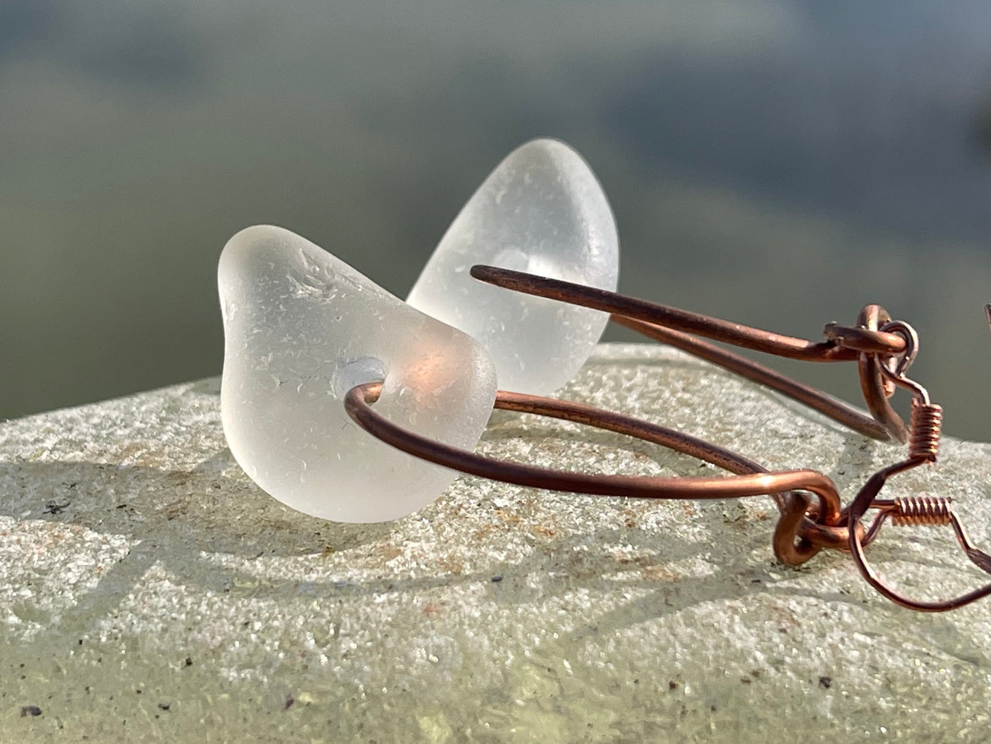 Eco friendly white sea glass and recycled copper earrings. Unique earrings, ethical jewellery, unusual boho jewellery, sea glass jewellery.