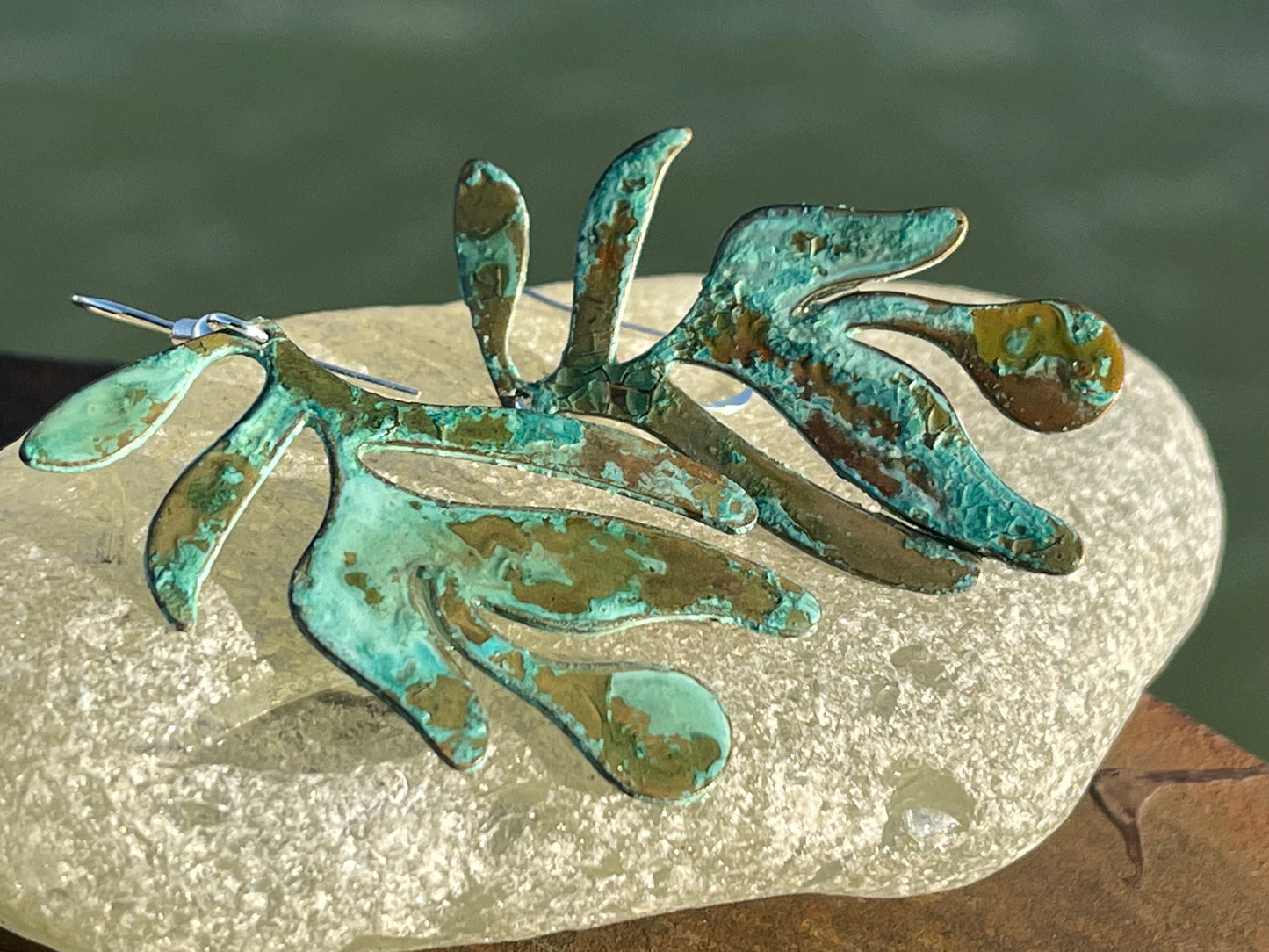 Handmade leaf earrings. Rustic earrings, unusual earrings, unusual gift for her, blue earrings, boho earrings, large statement earrings.