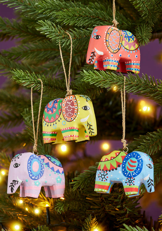 Wooden elephant decorations - set of 4. Colourful elephants. New home gifts. Colourful home decorations.