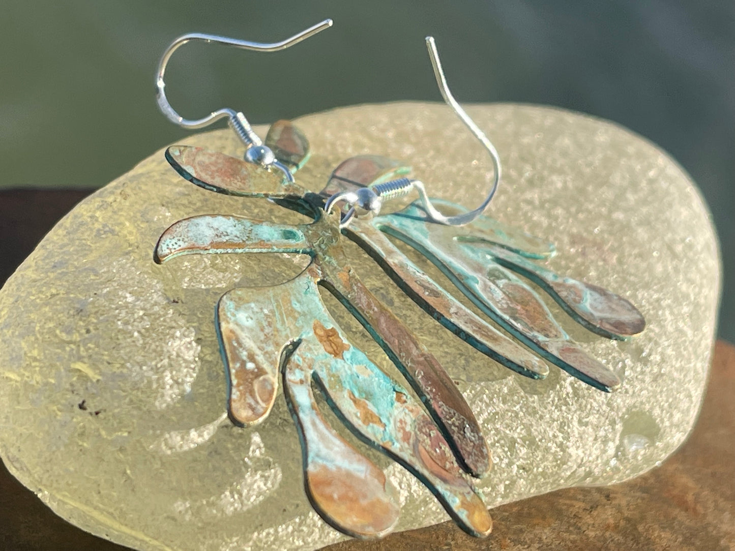Handmade leaf earrings. Rustic earrings, unusual earrings, unusual gift for her, blue earrings, boho earrings, large statement earrings.