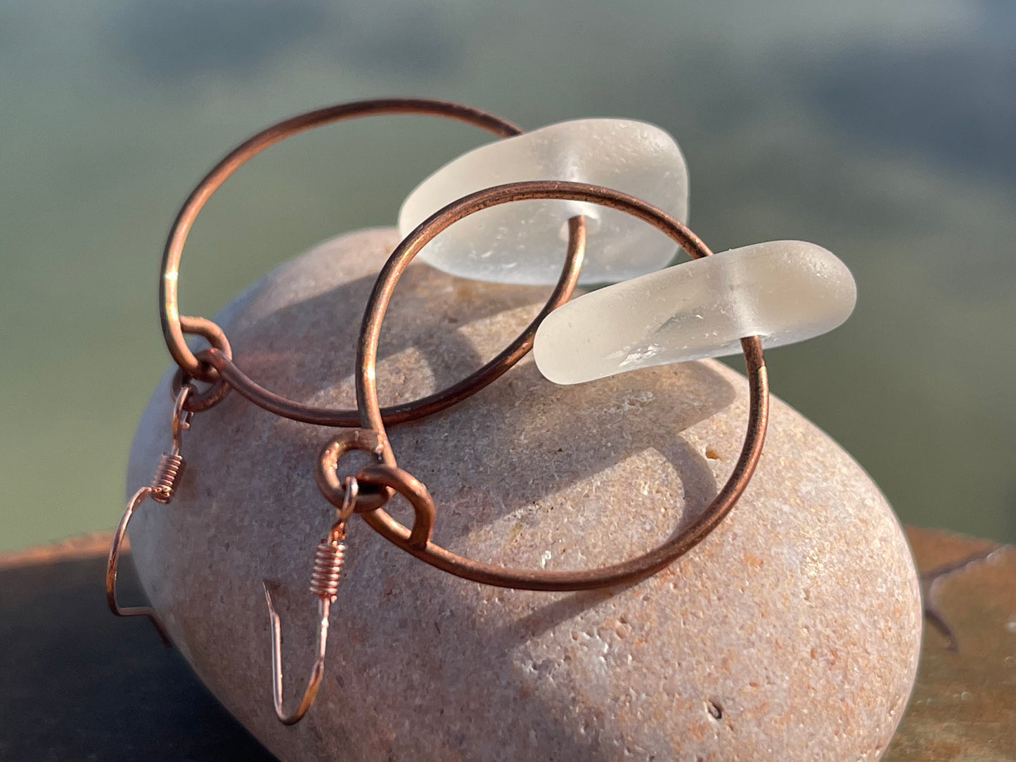 Eco friendly white sea glass and recycled copper earrings. Unique earrings, ethical jewellery, unusual boho jewellery, sea glass jewellery.