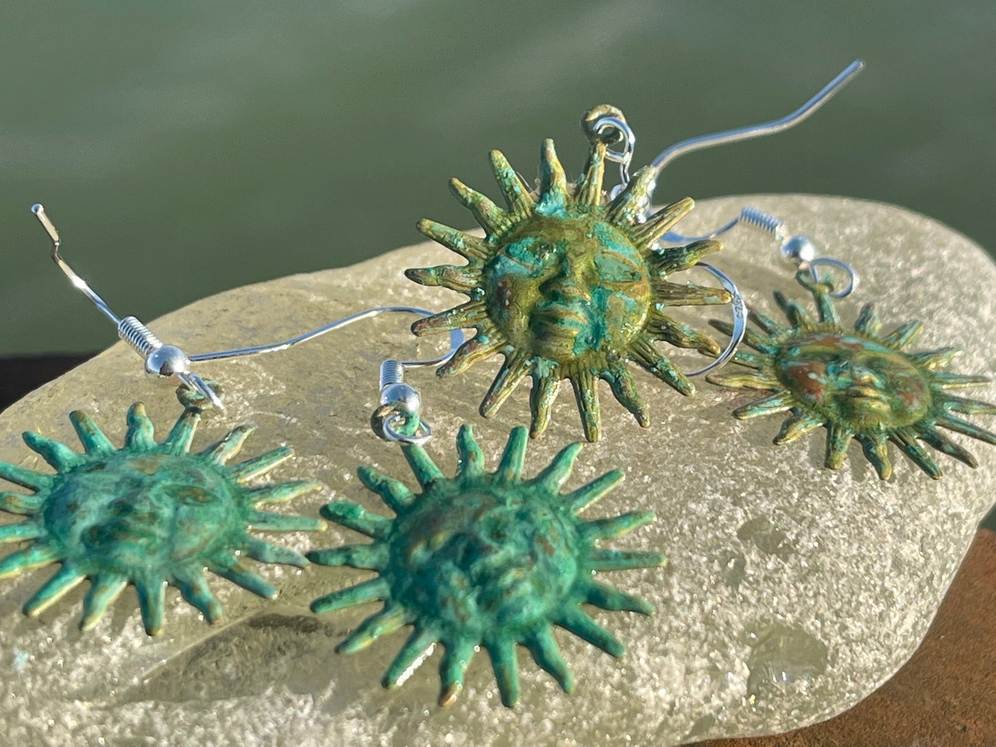 Handmade Sun earrings. Rustic earrings, unusual earrings, unusual gift for her, blue earrings, boho earrings, hippy gift. Beach earring