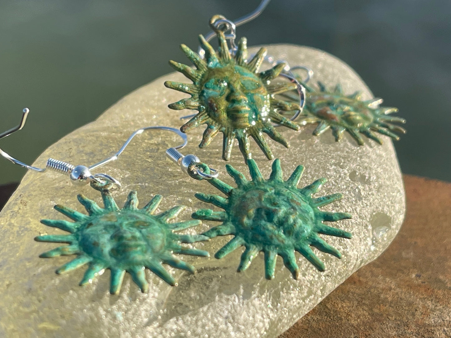 Handmade Sun earrings. Rustic earrings, unusual earrings, unusual gift for her, blue earrings, boho earrings, hippy gift. Beach earring