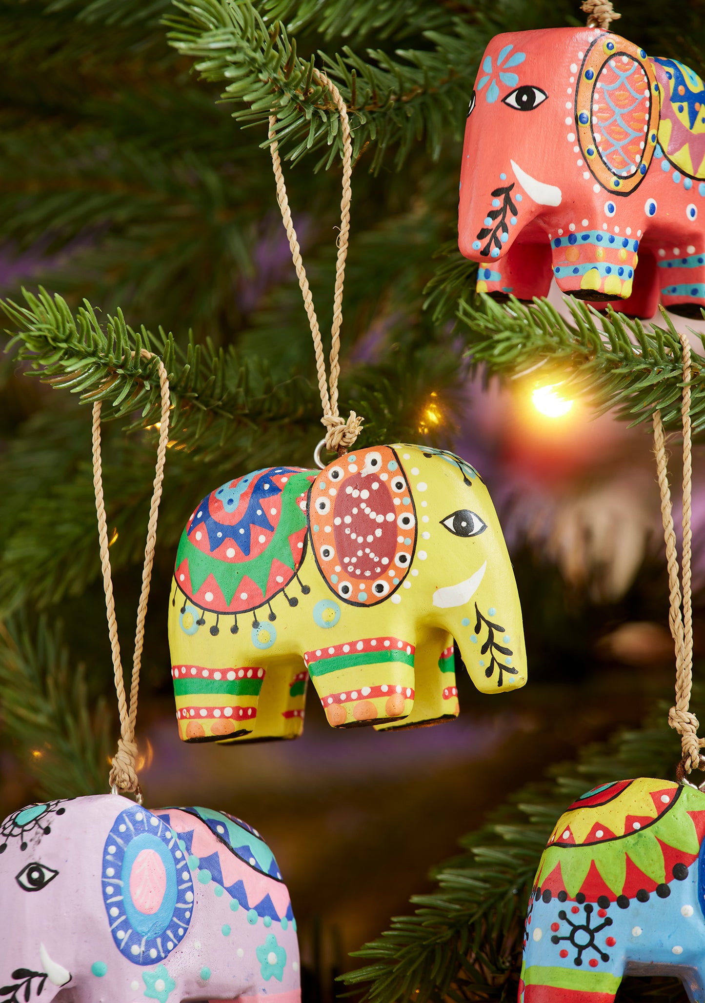 Wooden elephant decorations - set of 4. Colourful elephants. New home gifts. Colourful home decorations.