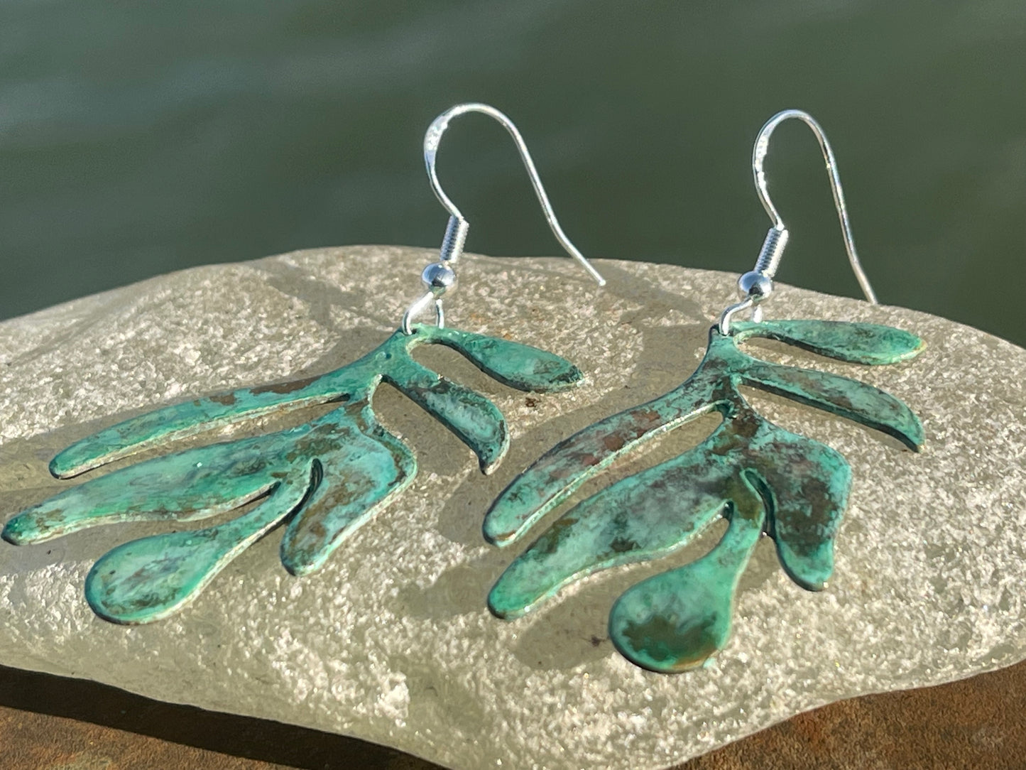 Handmade leaf earrings. Rustic earrings, unusual earrings, unusual gift for her, blue earrings, boho earrings, large statement earrings.