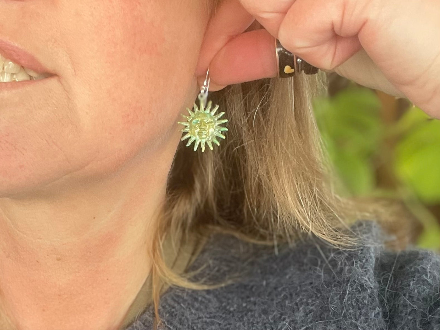 Handmade Sun earrings. Rustic earrings, unusual earrings, unusual gift for her, blue earrings, boho earrings, hippy gift. Beach earring