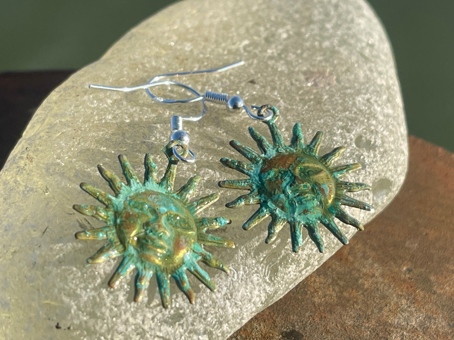 Handmade Sun earrings. Rustic earrings, unusual earrings, unusual gift for her, blue earrings, boho earrings, hippy gift. Beach earring