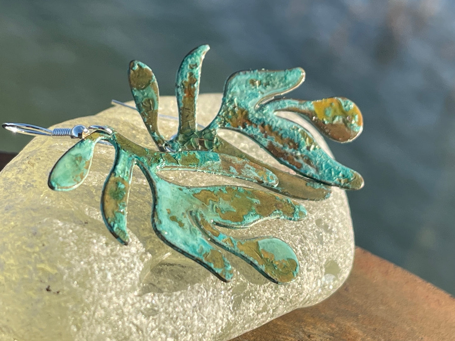 Handmade leaf earrings. Rustic earrings, unusual earrings, unusual gift for her, blue earrings, boho earrings, large statement earrings.